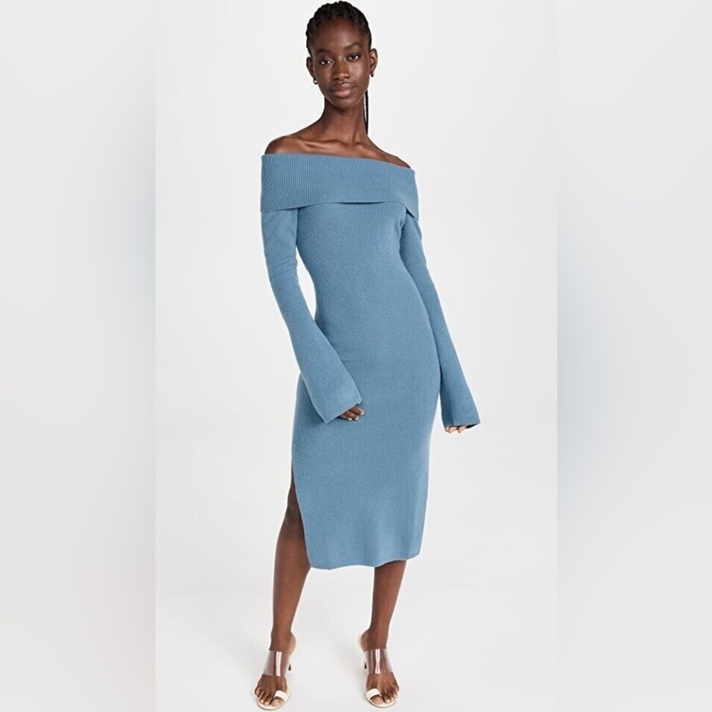 NAADAM Wool Cashmere Blend Off the Shoulder Midi Dress in Slate Blue Size XS